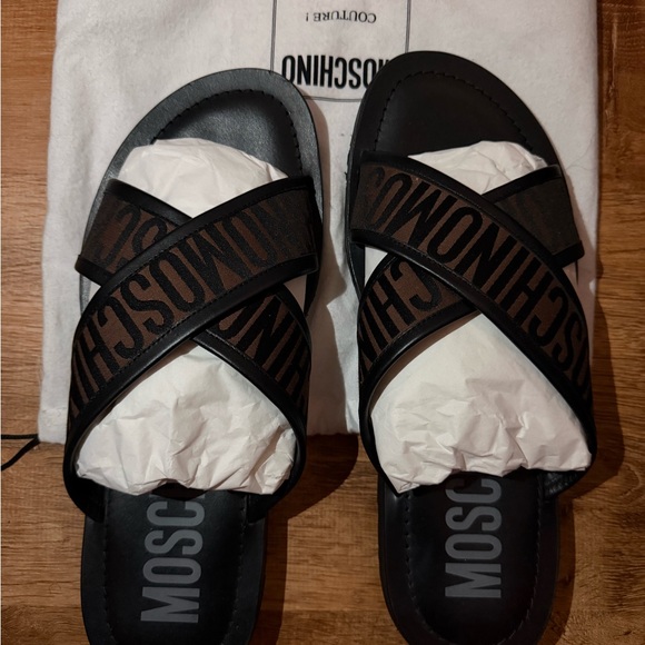 Moschino Black and Brown Logo Cross-Strap Slide Sandals